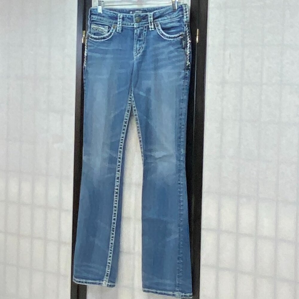 Silver Suki Faded Distressed Boot Cut Denim Jeans 27 Embroidered Jeweled - Picture 4 of 15